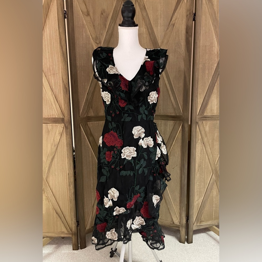 Gianni Bini Carolyn black floral lace embroidered Ruffle midi Dress L gothic